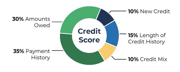 La tabla de puntaje crediticio muestra el siguiente desglose porcentual: 10% de crédito nuevo, 15% de antigüedad del historial crediticio, 10% de mezcla de créditos, 35% de historial de pagos y 30% de montos adeudados