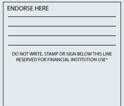 Imagen del reverso de un cheque que muestra el endoso, con el texto "Endose aquí" y líneas para firmar, seguido de una declaración que dice "o escriba, selle ni firme debajo de esta línea. Reservado para uso de entidades financieras.".