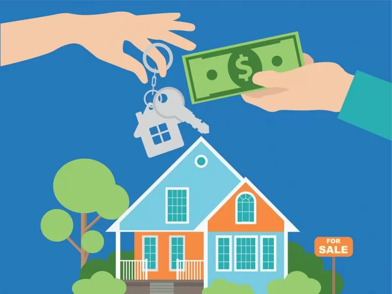 Casa en la que una persona entrega dinero a otra, simbolizando tasas hipotecarias 