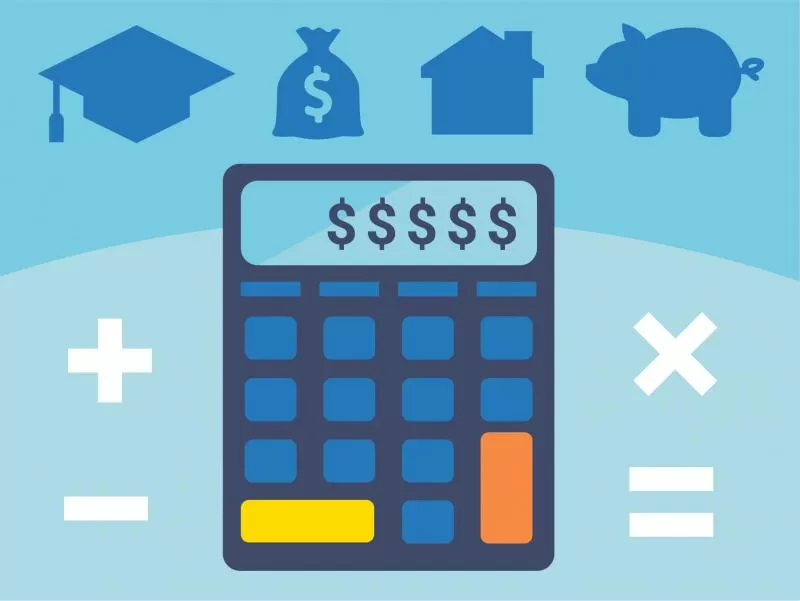 Calculadora financiera portátil con símbolos de gorra de graduación, bolsa de dinero, casa y alcancía 