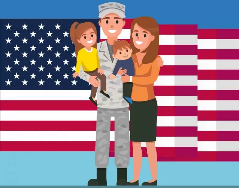 Militar, cónyuge, hijos, de pie frente a la bandera de EE. UU. 